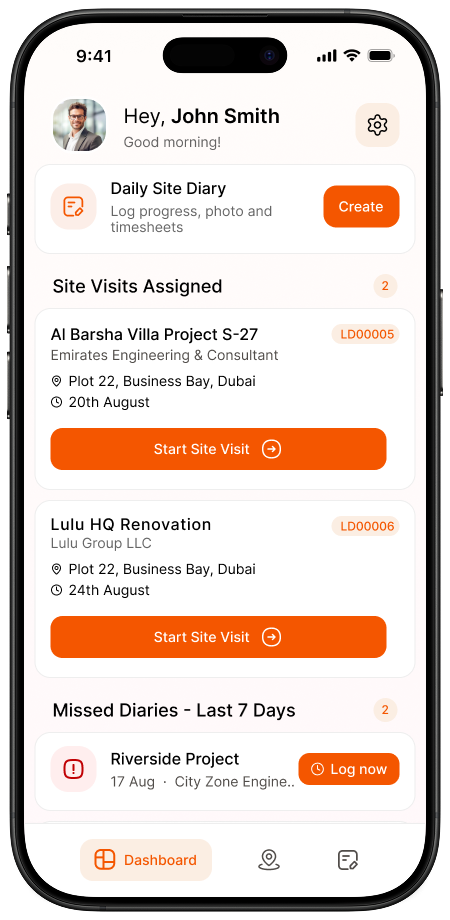 Masarek mobile dashboard with assigned site visits and daily site diary